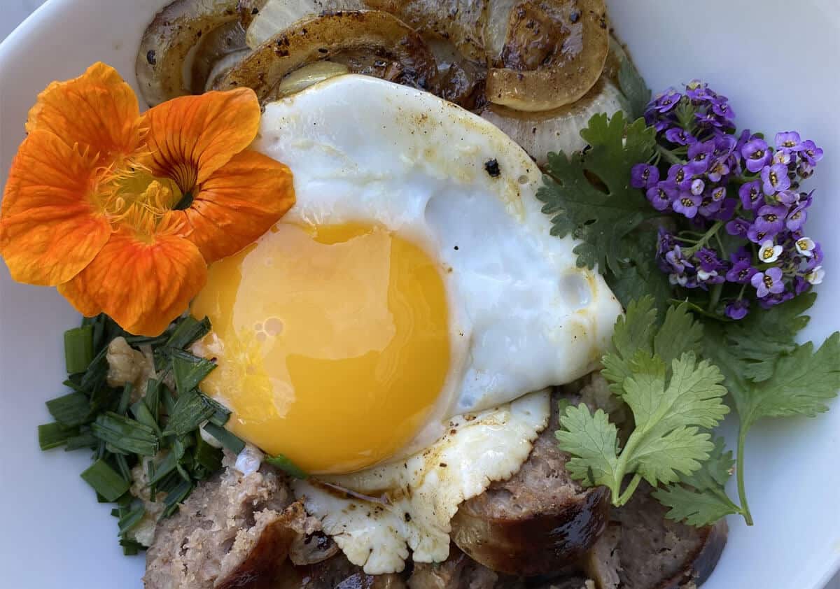 Brats, eggs, and edible flowers