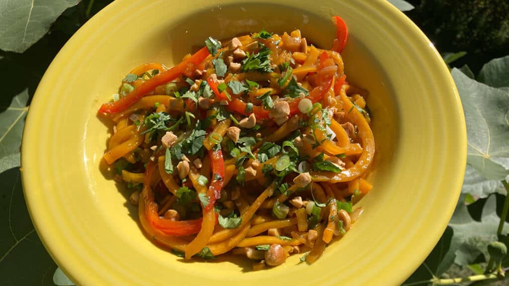 Stir Fried Sesame Ginger Butternut Squash Noodles in a yellow bowl